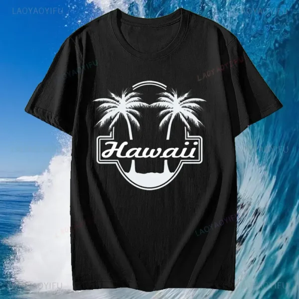 Mens Hawaii Surfing Cotton Short Sleeve for Men Tops Summer Beach Palm Print Fashion Street Style Cotton T-Shirt Clothes - Image 4