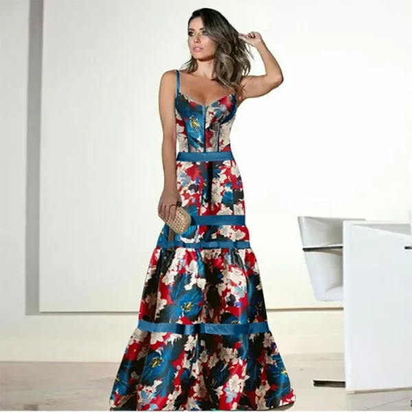 Evening Party Dresses Women Natural Silk Dress Retro Floral Print Maxi Dress Ladies Strap Pleated Oversized Dress Vestidos - Image 3