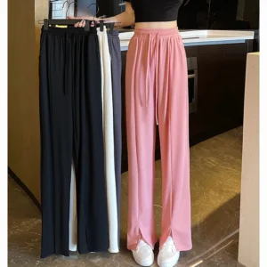 New Women Baggy Outside Summer Pants Lady Wide Leg Straight Leg Commute Trousers Female Split Design High Waisted Draping Slacks