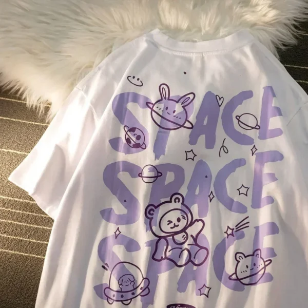 Women T-Shirt Bear Graffiti Harajuku Short Sleeved Space Print Oversized T-shirt Loose Retro Style Couple Shirt Y2k Tops - Image 3