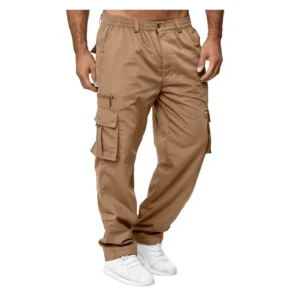 Men's Overalls Outdoor Sports and Leisure Multi-pocket Loose Straight Pants Solid Color Elastic Waist Button Combat Overalls