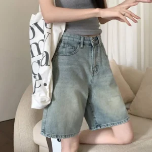 Women Denim Shorts High Waist Vintage Washed Straight Wide-leg Trousers Button Streetwear Knee Length Jeans Short Pants