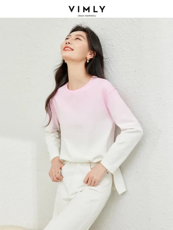 Vimly Cotton 100% Gradient Round Neck T-shirt Woman 2024 Spring Side Split Women's Long Sleeve Top Casual Loose Pullovers M6093 - Image 5