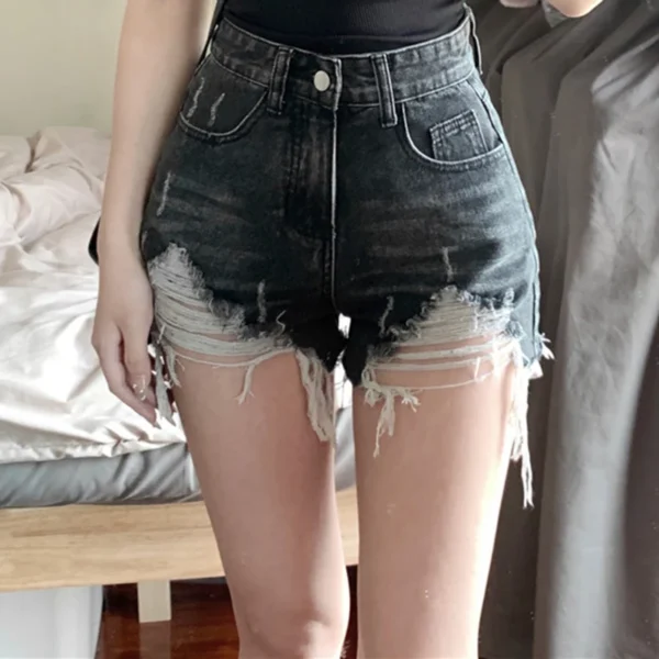 Women Summer Korean High Waisted Denim Ripped Shorts Pants Lady High Street A Line Hot Pants Female Black Grey Wide Leg Jeans - Image 4