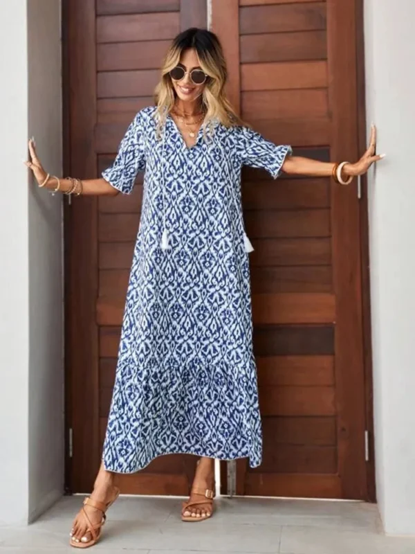 Women's Summer Chiffon V Neck Short Sleeve Floral Flowy A Line Maxi Dress Boho Flounce Tiered Swing Long Beach Dresses ON SALE - Image 4