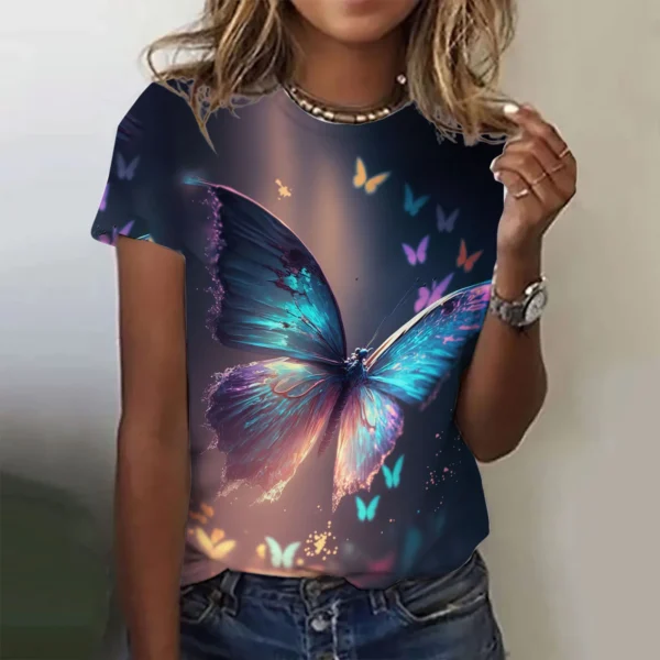 2024 Fashion Woman T Shirt 3D Butterfly Print Crew Neck Short Sleeve Tee Luxury Female T-shirts Oversized Y2k Clothing For Girls - Image 3