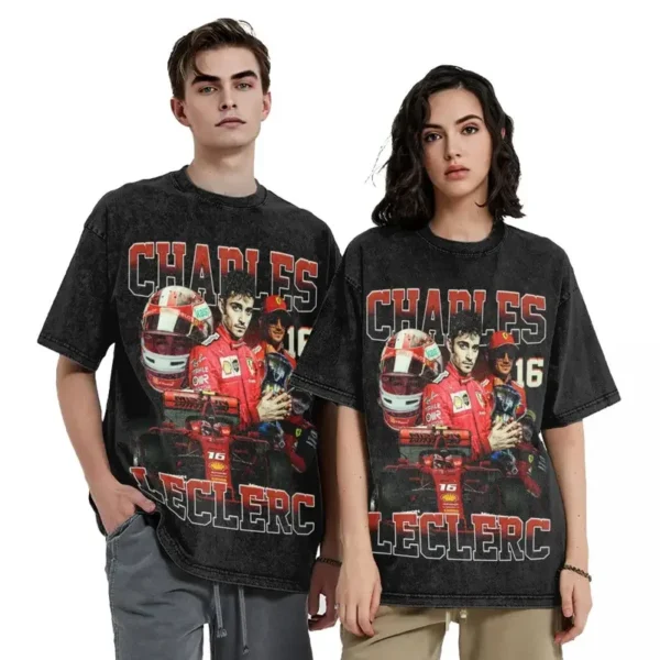 Charles Leclerc Washed T Shirts Merch Streetwear Hip Hop Vintage T-Shirts F1 Racing Driver Tee Shirt Men Women Short Sleeve - Image 2