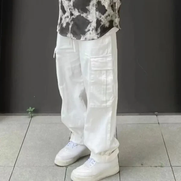 Men Cargo Pants Elastic Waist Loose Wide Leg Solid Color Casual Pants Multi Pockets Retro Straight Deep Crotch Men Long Trousers - Image 3