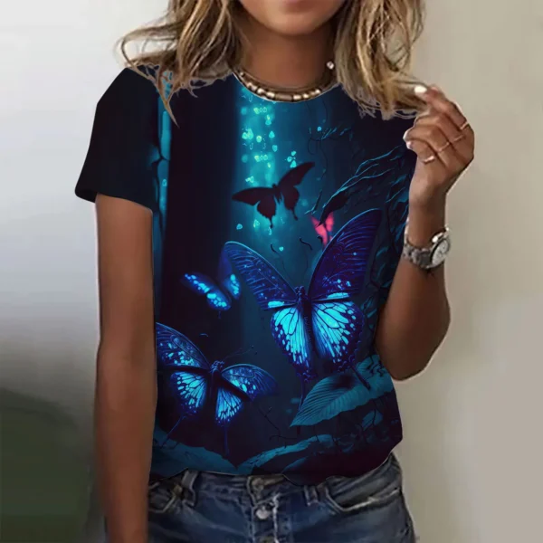 2024 Fashion Woman T Shirt 3D Butterfly Print Crew Neck Short Sleeve Tee Luxury Female T-shirts Oversized Y2k Clothing For Girls - Image 5