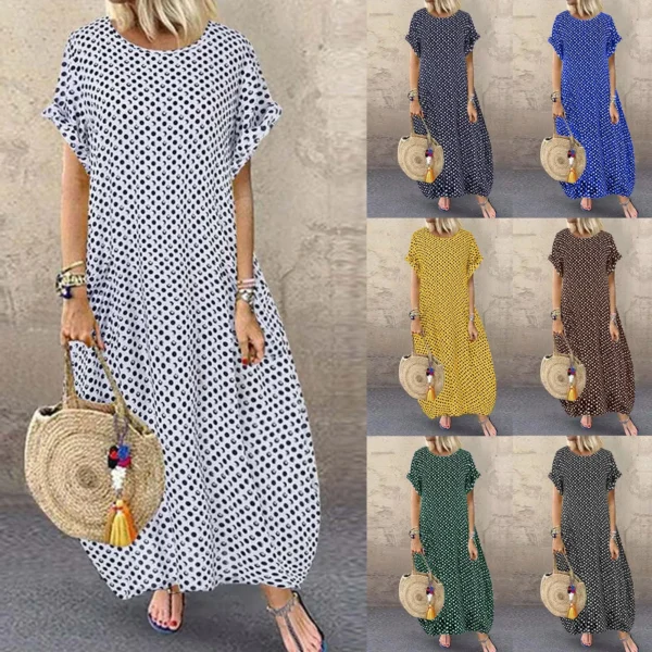 Summer Maxi Dress Women'S Vintage Dot Printed Loose Dress Casual Short Sleeve Beach Party Boho Long Dresses Robe Vestidos - Image 5