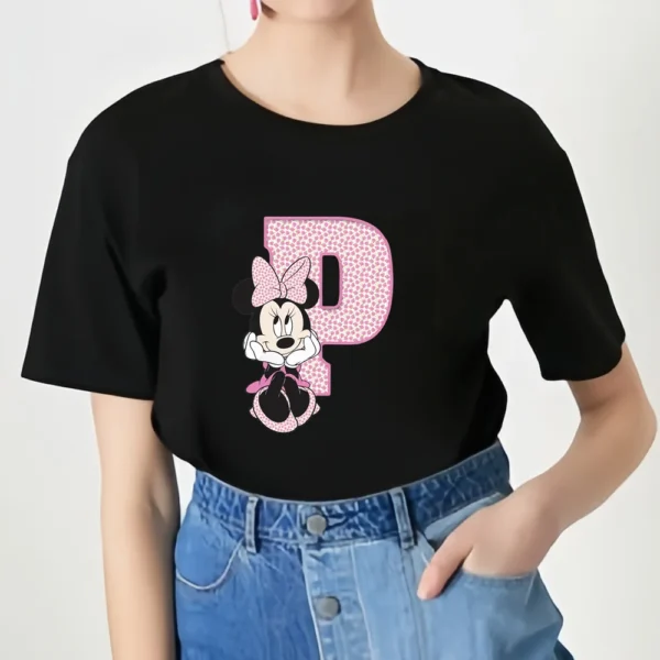 Hot Sale Woman Black T-shirt Cartoon Minnie Mickey Letter Print Kids Summer Girls Cotton Casual T-shirt round Neck short sleeve - Image 6