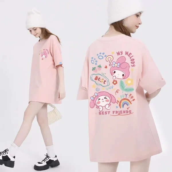 Sanrio My Melody New T-shirt Japanese Cartoon Kuromi Summer New Cinnamoroll Short Sleeved Round Neck Shirts for Women Y2k Top - Image 2
