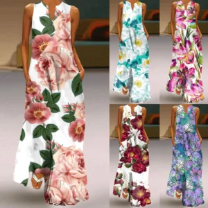 3D Flower Print Plus Size Dresses for Women Ladies Summer Sleeveless Loose Long Maxi Dress Elegant Pockets Party Tunic Dress 5XL