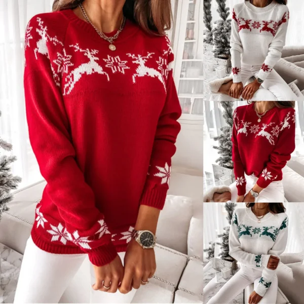 2024 New Winter Women Christmas Knit Sweaters Elk Print Jacquard Knitwear Long Sleeve O Neck Pullover Top Soft Warm Y2K Clothes - Image 4