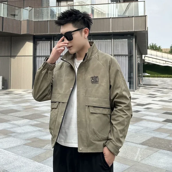 Autumn Men Workwear Jacket Hip Hop Old Tie Dye Embroidered Letters Stand Up Collar Jacket Casual Loose Fit Coats Streetwear - Image 5