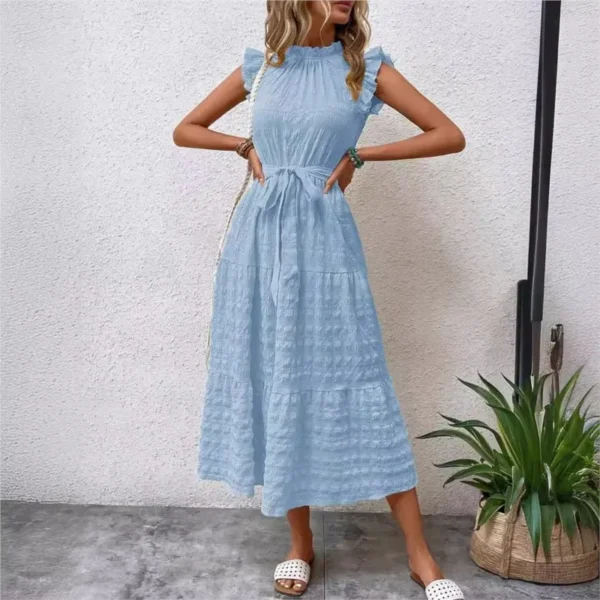 Women Holiday Beach Maxi Dress Sexy Flying Sleeveless Lace Up Elegant Party Korean O Neck Long Ruffles Dresses Vacation Robes - Image 2