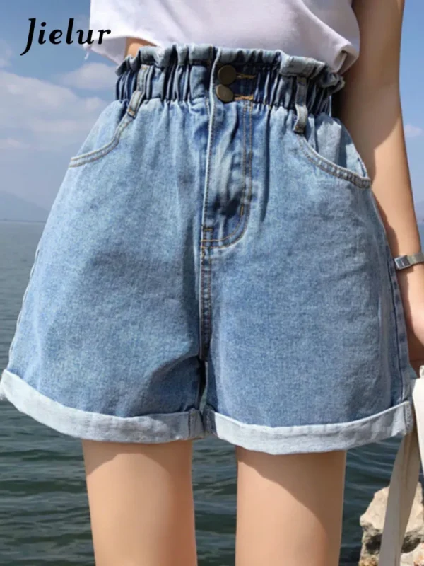 Jielur Summer Black Women Denim Shorts Women S-5XL Harem Ruffled White Blue High Waisted Shorts Female Elastic Short Jeans - Image 4