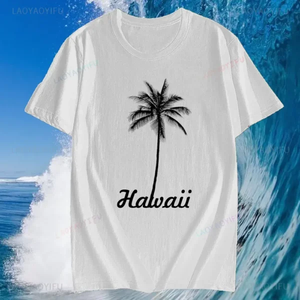 Mens Hawaii Surfing Cotton Short Sleeve for Men Tops Summer Beach Palm Print Fashion Street Style Cotton T-Shirt Clothes - Image 3