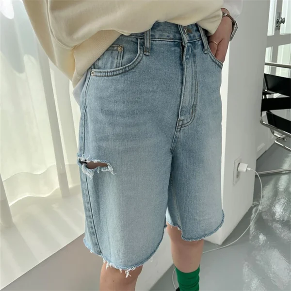 REALEFT Spring Summer Side Hole Women's Denim Shorts 2024 New Casual Korean Blue Loose Jeans Pants Pockets Female - Image 3