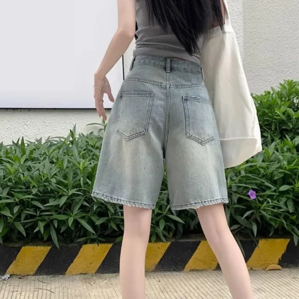 Women Denim Shorts High Waist Vintage Washed Straight Wide-leg Trousers Button Streetwear Knee Length Jeans Short Pants - Image 5