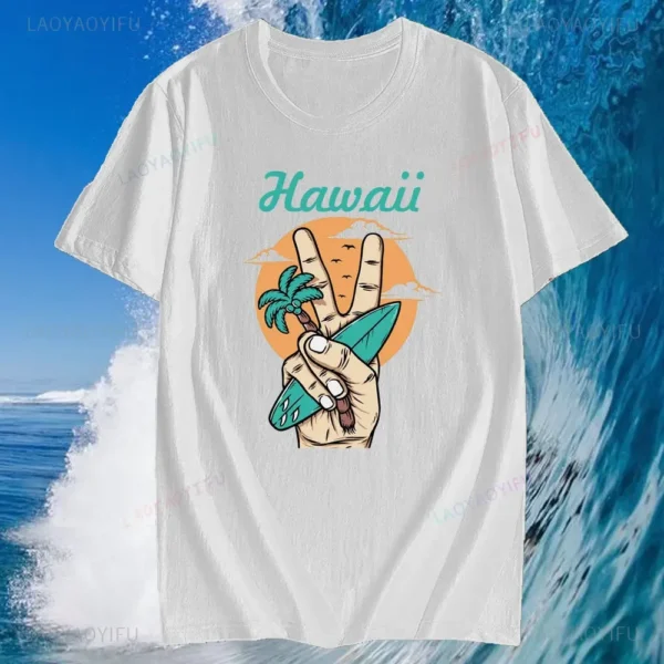 Mens Hawaii Surfing Cotton Short Sleeve for Men Tops Summer Beach Palm Print Fashion Street Style Cotton T-Shirt Clothes - Image 6