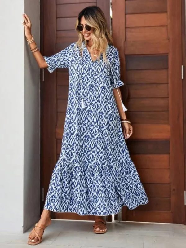 Women's Summer Chiffon V Neck Short Sleeve Floral Flowy A Line Maxi Dress Boho Flounce Tiered Swing Long Beach Dresses ON SALE - Image 5