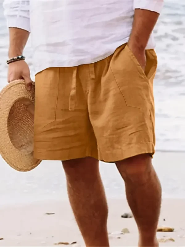 Men's summer cotton and linen shorts draw rope tight waist straight leg pure color breathable daily beach five casual pants - Image 2