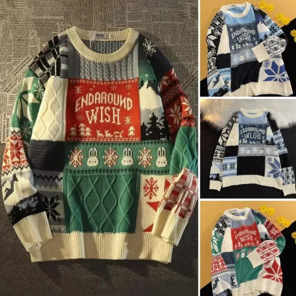 Men Autumn Winter Knitting Sweater O-neck Long Sleeve Christmas Snowflake Print Tops Twist Texture Thickened Retro Knitwear - Image 4