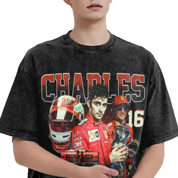 Charles Leclerc Washed T Shirts Merch Streetwear Hip Hop Vintage T-Shirts F1 Racing Driver Tee Shirt Men Women Short Sleeve - Image 4