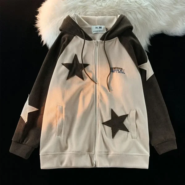 American Retro Star Patch Designs Zipper Hoodie Women 2024 New Street Popular Joker Sweatshirt Unisex Stitching Loose Casual Top - Image 5