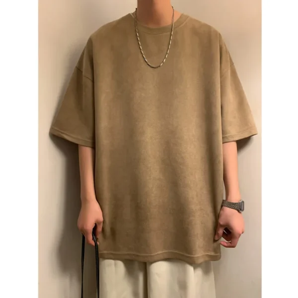 Suede T-shirt Men Oversized Fashion Solid Color Retro T Shirt Men Streetwear Summer Loose Short Sleeved T-shirt Mens Top M-3XL - Image 2