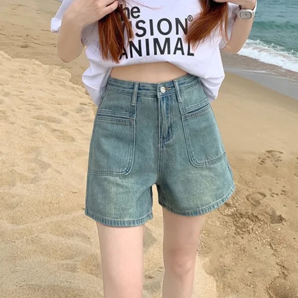 Women Western Style Vintage Wide Leg Shorts Pants Lady Loose Hot Pants Retro Blue Light Blue High Waisted A Line Short Jeans - Image 4
