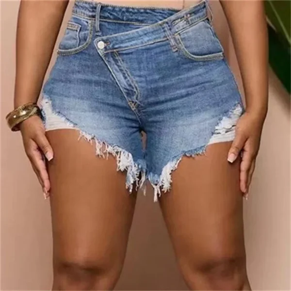 Fashion Slanted Waist Button Splicing Denim Shorts Women Summer Broken Holes Tassel Three Quarter Pants Female Casual Mini Jeans - Image 6