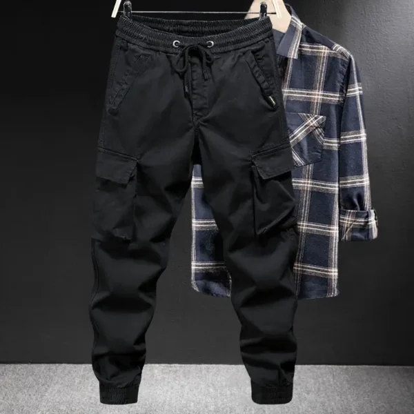 Spring Autumn New Fashion Solid Color Elastic Waist Drawstring Men's Clothing Casual Pockets Korean Bound Feet Thin Cargo Pants - Image 2