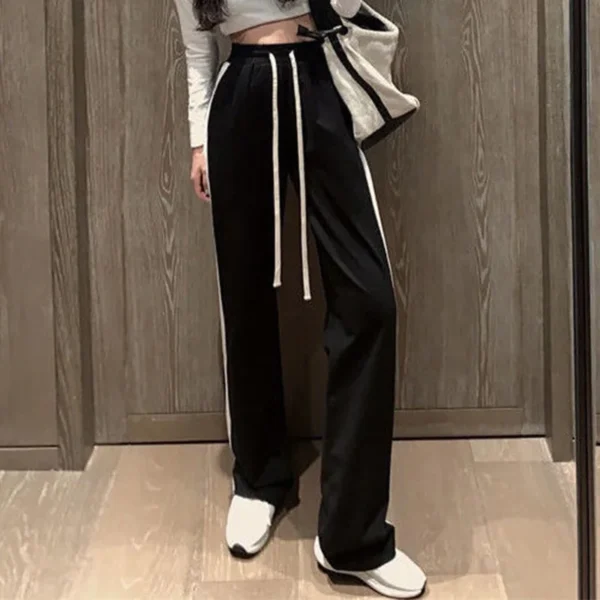 Korean Trend Drawstring High Waist Sweatpants Femme Casual Spring Autumn Side Stripe Patchwork Pockets Loose Wide Leg Trousers - Image 4