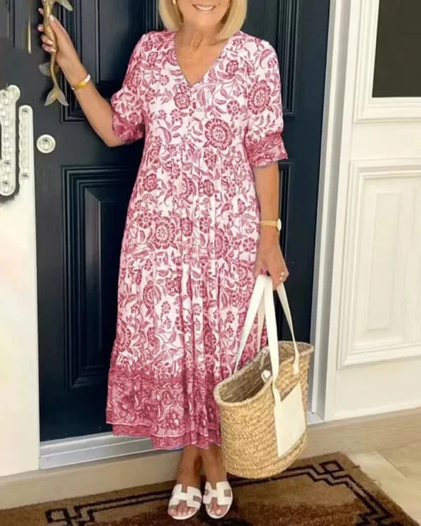 Elegant Women's Dresses 2024 Summer Casual Fashion Print V-Neck Loose Dress Retro Comfortable Maxi Dress Female Robe Vestidos - Image 5