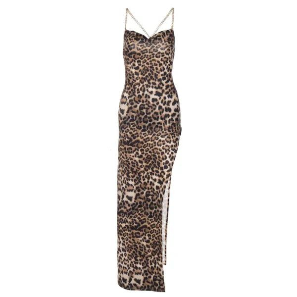 Fashion print slim fit halter chain suspender mid-length dress leopard print sexy dress maxi dresses for women streetwear - Image 5