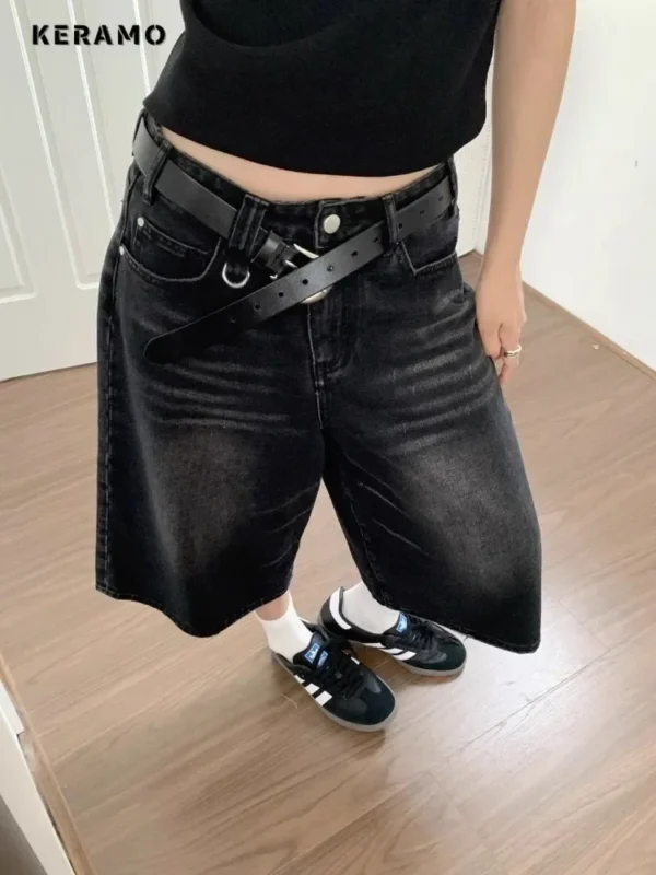 Harajuku Vintage High Waist Black Retro Washed Denim Shorts Women's Fashion Casual Loose Fit Y2K Streetwear Mid Long Short - Image 3
