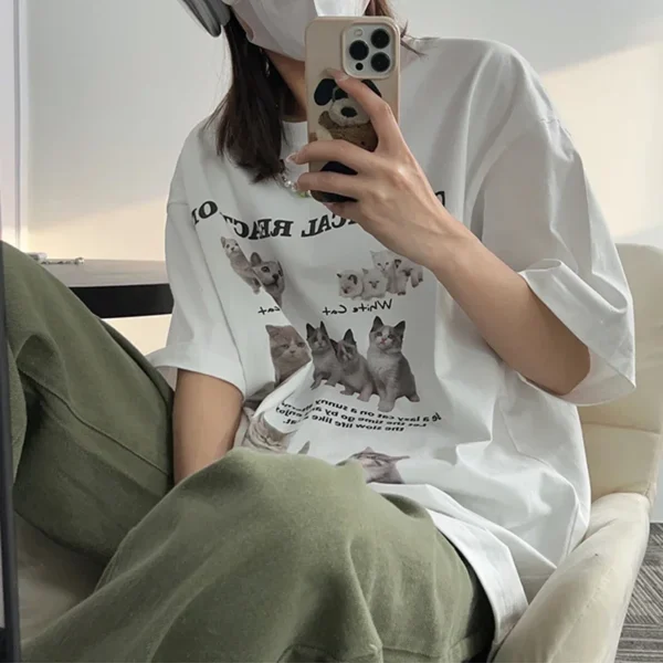 Harajuku Kawaii Y2k Top Women T-Shirt Oversized Cat Tees Korean Fashion Short Sleeve Streetwear Aesthetic Clothing Tops