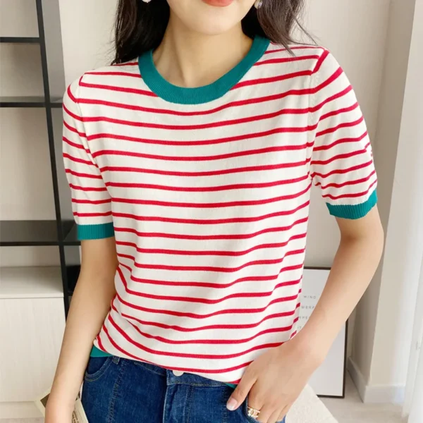 Short Sleeve T-shirts Women Striped Basic Chic Simple All-match Harajuku Retro Cotton O-neck Trendy Loose Leisure Cozy Womens - Image 3