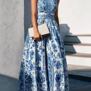 Bonboho Floral Printed Women's Dress Lapel Collar Sleeveless High Waist Pleated Maxi Dress 2024 Summer Fashion Big Swing Dress