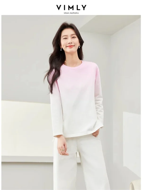 Vimly Cotton 100% Gradient Round Neck T-shirt Woman 2024 Spring Side Split Women's Long Sleeve Top Casual Loose Pullovers M6093