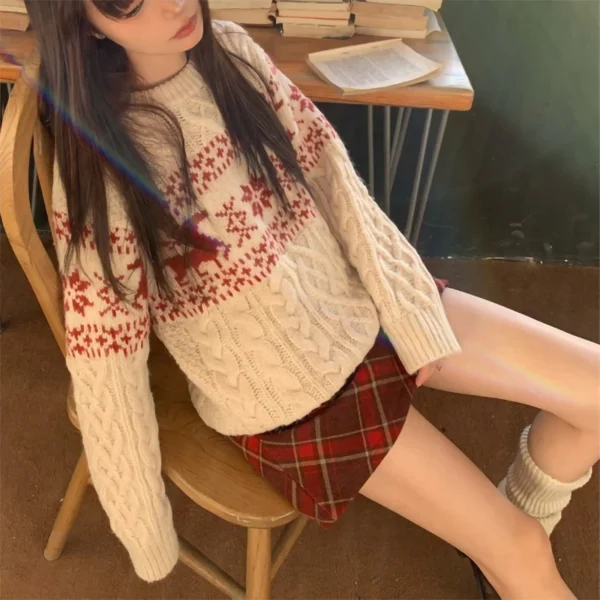 Christmas atmosphere round neck sweater women autumn and winter clothing lazy style fashion loose knitted sweater long sleeves - Image 3