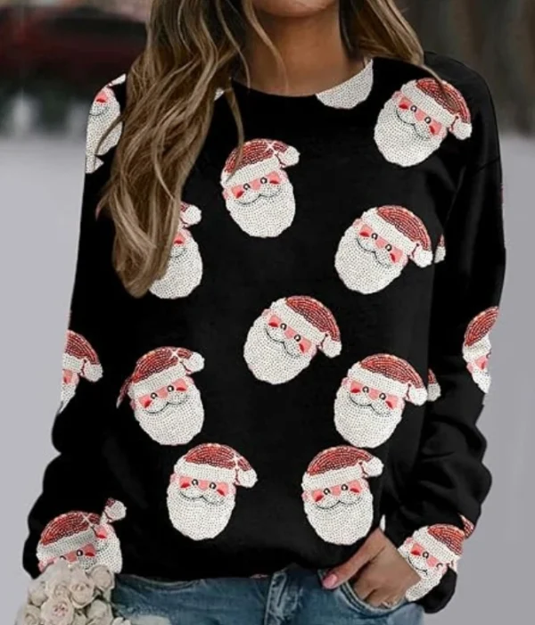 Female T-Shirts Pullover Tops Santa Claus Printed Round Neck Long Sleeved Sweater 2023 Autumn Winter Spring New Fashion Casual - Image 3