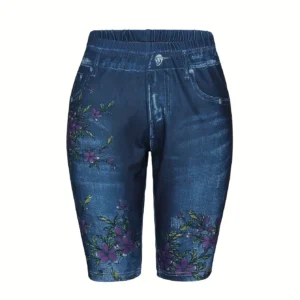 Floral Print Deep Blue Imitation Denim Slim Fitting Shorts For Women's Casual Leggings With High Elasticity And Comfort
