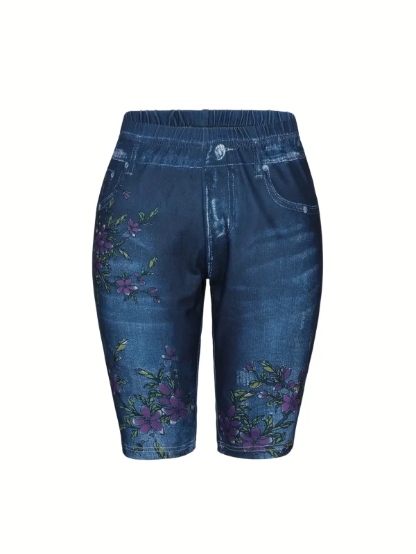 Floral Print Deep Blue Imitation Denim Slim Fitting Shorts For Women's Casual Leggings With High Elasticity And Comfort