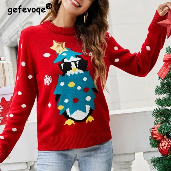 2023 Autumn Winter Women Funny Cute Cartoon Sequins Christmas Party Knitted Sweater Casual O Neck Long Sleeve Loose Tops Jumpers - Image 3
