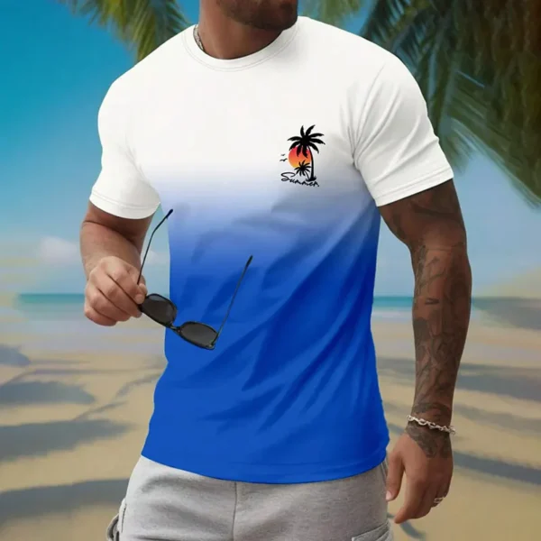 Summer New Men's Round Neck T-shirt Fashion Gradient Printing Short-sleeved Tops Men Vacation Hawaii Beach Surfing Short-sleeved - Image 2