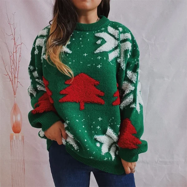 OMCHION Green Christmas Sweater 2023 Fashion Tree Embroidery Knitted Pullover Casual Loose Retro Sweater For Female Knitwear - Image 3