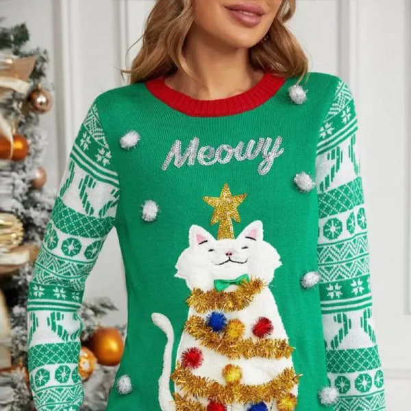 Autumn/winter New Jacquard Pullover Christmas Christmas Sweater Cartoon Kitten Embroidered Red Sweater - Image 2